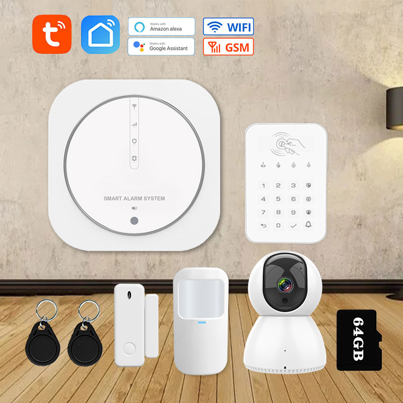 Tuya 433MHz Wireless WiFi GSM Home Security Alarm System with Touch Keypad PIR Detector Strobe Siren Supports Alexa &amp; Google