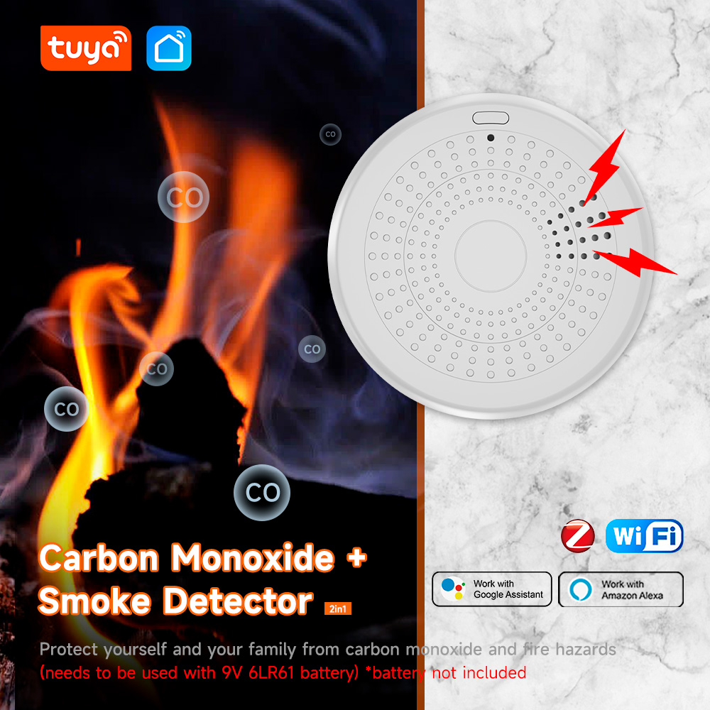 Tuya CO Smoke Sensor 2in1 Carbon Monoxide and Smoke Sensor Tuya Smoke Detector Wifi Smoke Alarm 85dB CO Detector Smart Home APP