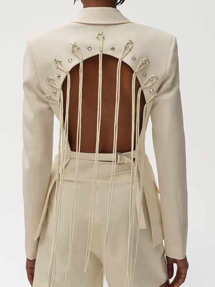 Patchwork Diamonds Backless Blazer For Women&#039;s Summer Jacket Notched Collar Long Sleeve Spliced Button Chic Blazers Female여성여름자켓