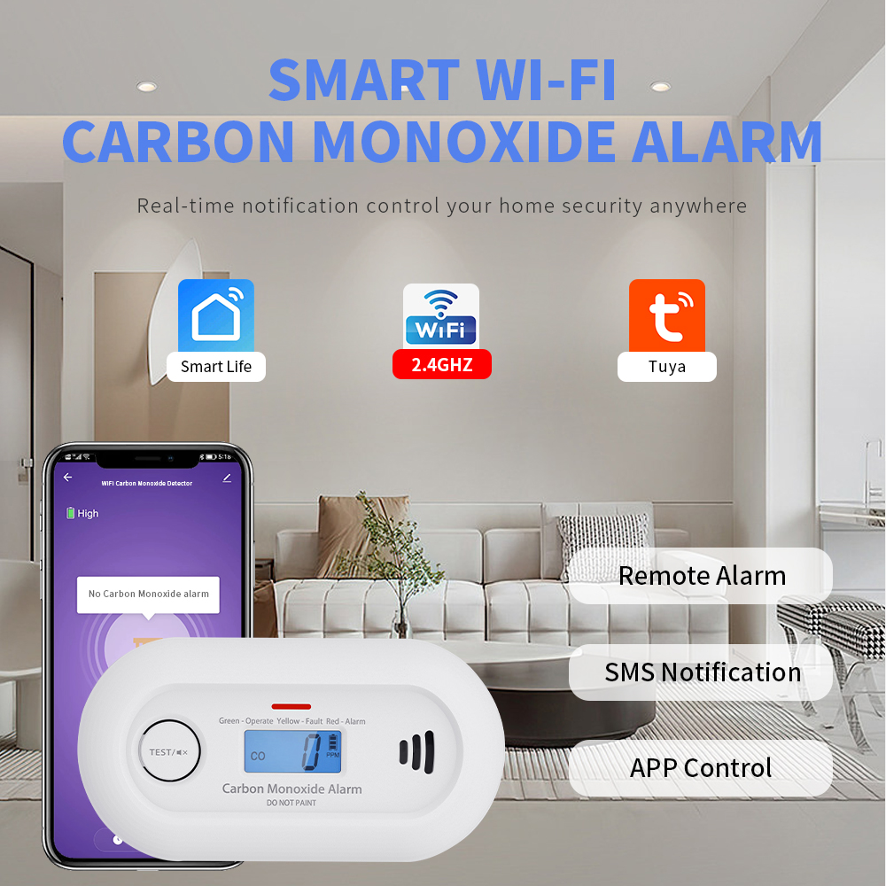 WiFi Smart Carbon Monoxide Alarm, WiFi CO  Detector  CO Alarm with Tuya App , 10-Year Life Battery,LCD Display CE EN 50291