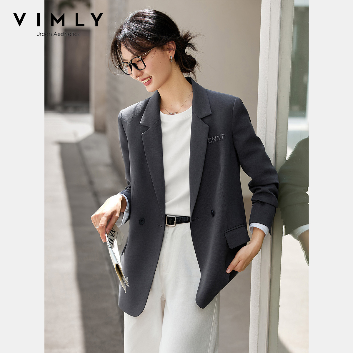VIMLY Gray Women&#039;s Letter Embroider Jacket Coats Autumn 2025 Oversized Turn-down Blazer Woman Office Wear Blazer Femmes A2516