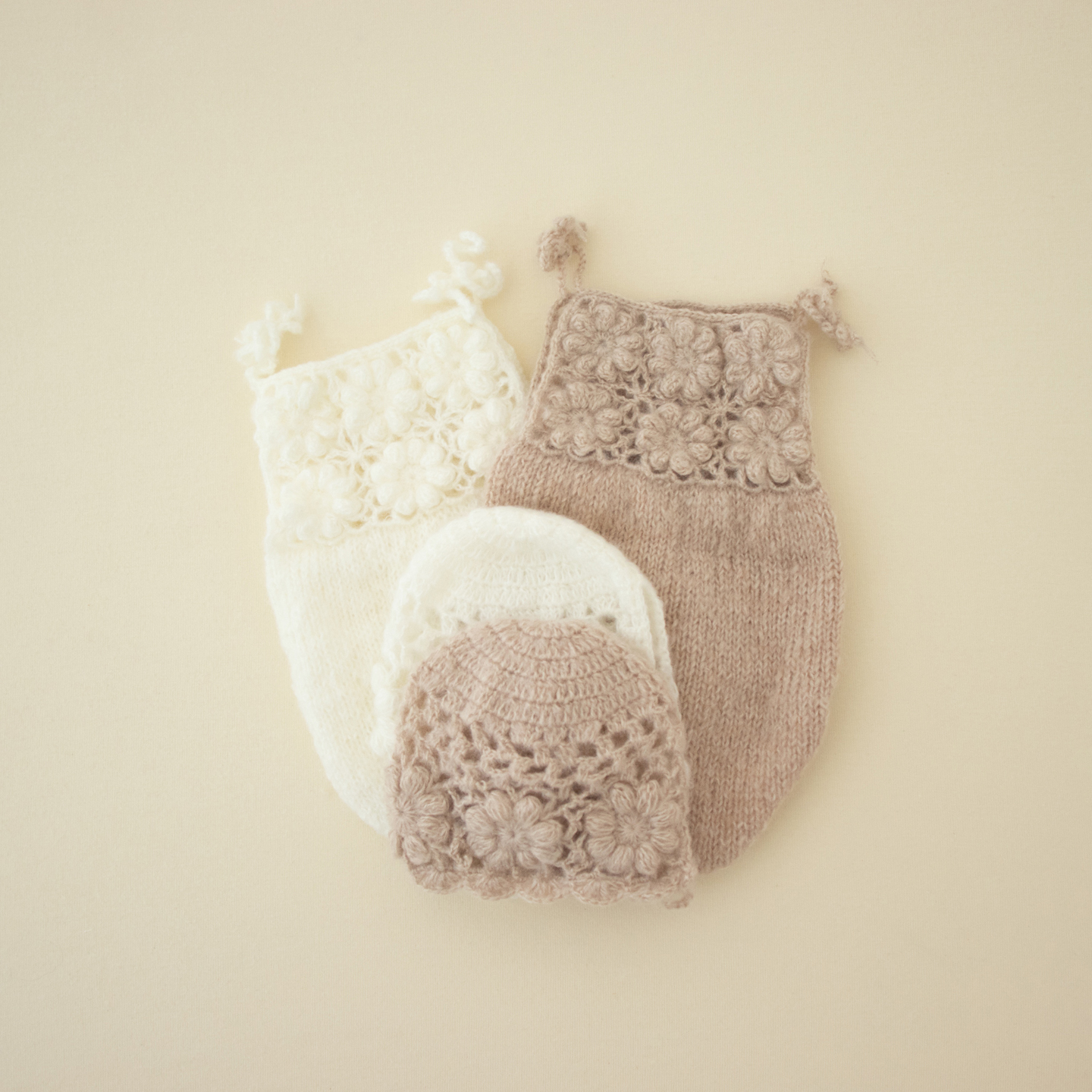 Newborn Photography Props Ins Style Handmade Knitted Floral Jumpsuit Outfit with Hat 2pcs Set for Studio Photoshoot Costume