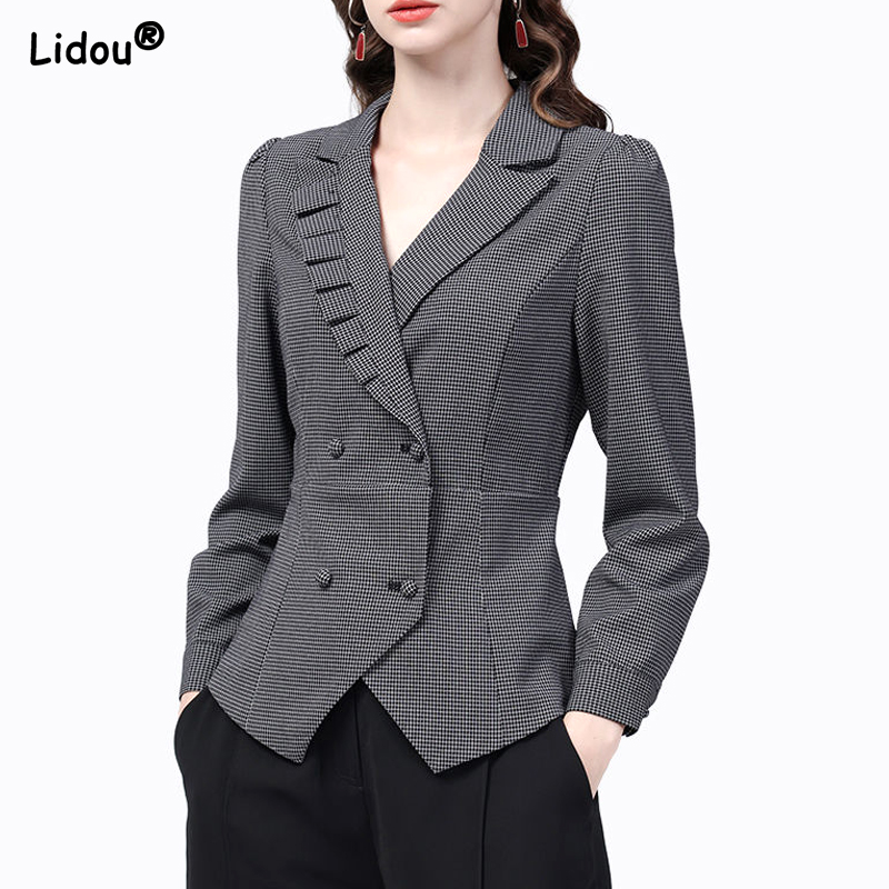 Women&#039;s Spring Autumn Korean New Suit Collar Plaid Shirts Commuting Fashion Design Fungus Edge Button Casual Long Sleeved Coat
