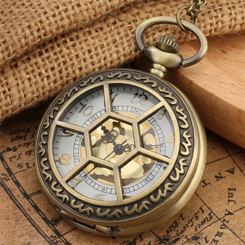 Bronze Hollow Hexagon Grilles Pocket Watch Half Hunter Men Women Quartz Analog Clock Sweater Chain Arabic Number Clock