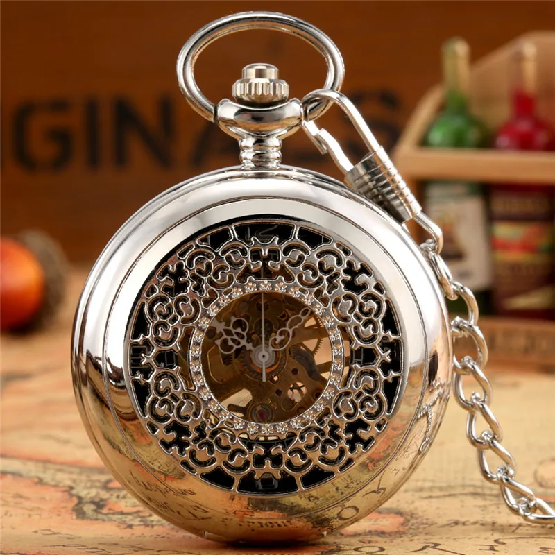Retro Silver Hollow-out Flower Case Men Women Handwinding Mechanical Pocket Watch Arabic Number Dial Pendant FOB Chain Clock