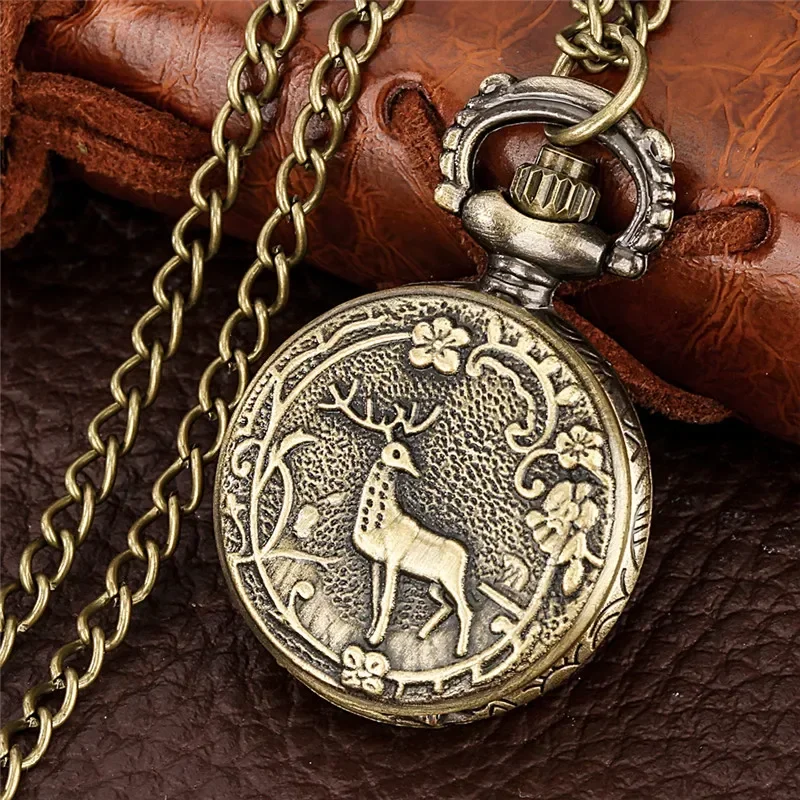 Bronze 3D Elk Deer Pattern Small Size Men Women Quartz Analog Pocket Watch Arabic Number Display Clock Necklace Chain Gift Reloj