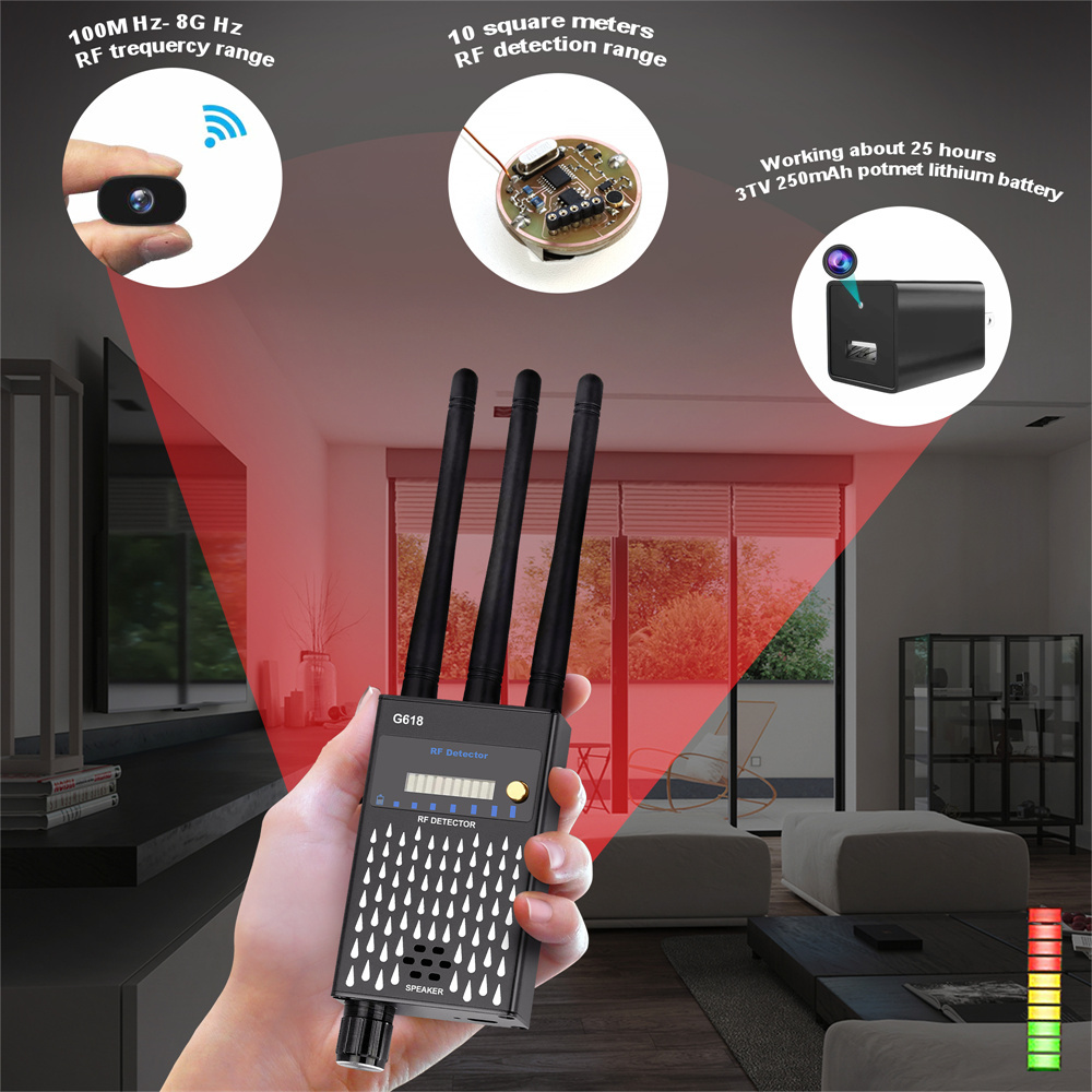 G618 Wireless RF Signal Detector Bug GPS Locator Tracker Anti Spy Hidden Camera Detect GSM Audio Device Finder Three Antennas