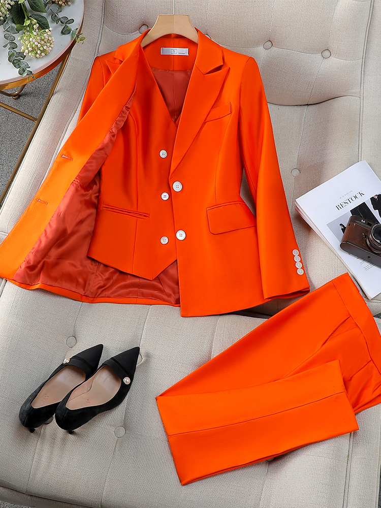 Autumn Winter Women Vest Blazer Pant Suit Navy Orange Office Ladies Business Work Career Wear Formal 3 Pieces Set костюм