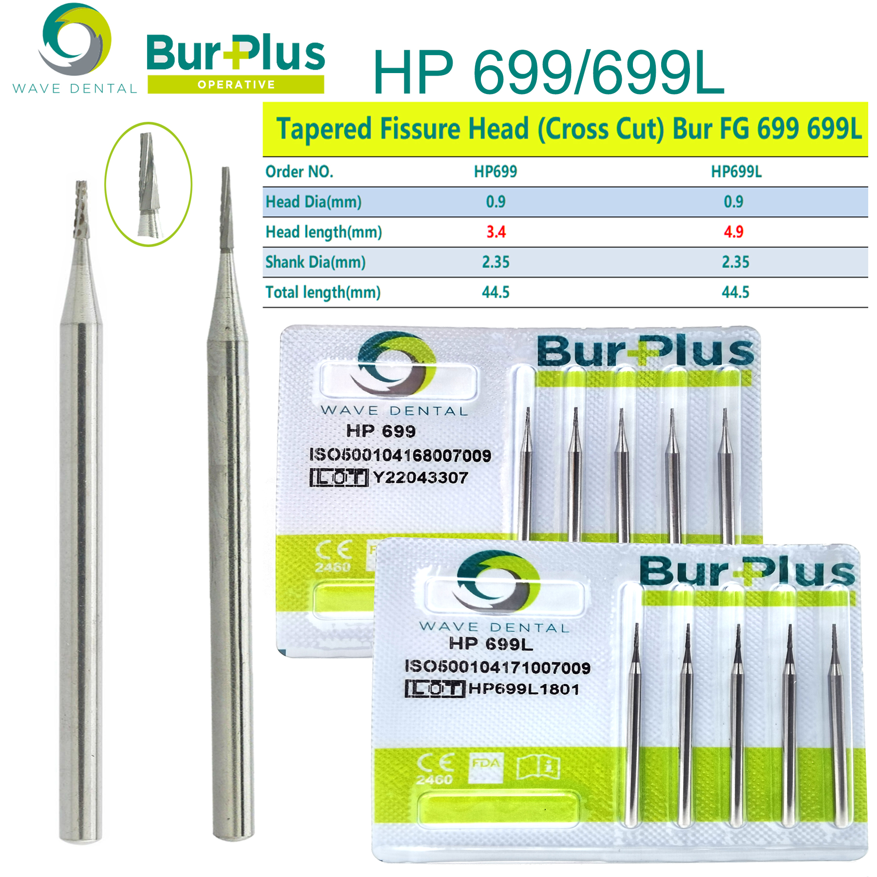 WAVE Dental Bur Tungsten Carbide Burs Taper Fissure Cross Cut Head Slow Bur HP699 For Low Speed Straight Nose Cone Handpiece