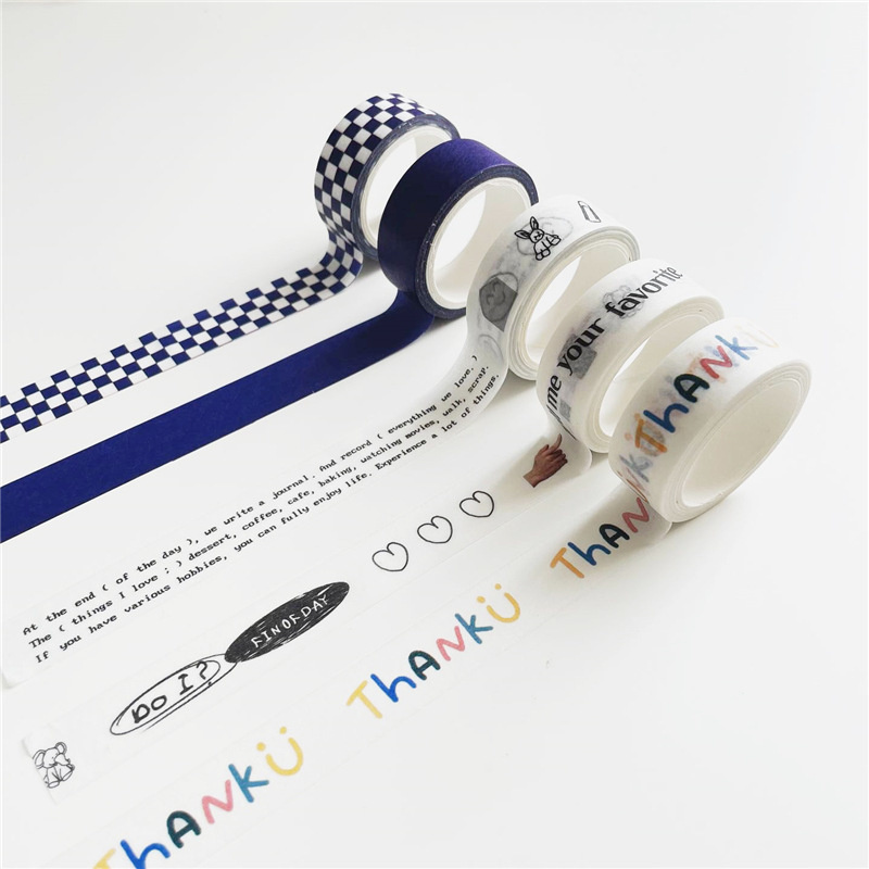 Klein Blue Plaid Washi Tape Simple Style Thank English Sealing Sticker Student Creative Stationery Masking Decorative Tape 5m