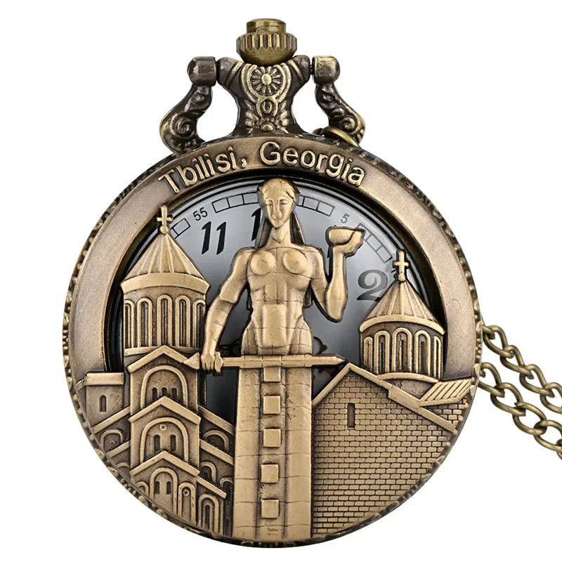 Bronze Hollow Out TBILISI GEORGIA Design Men Women Quartz Analog Pocket Watch Arabic Number Necklace Pendant Chain Timepiece