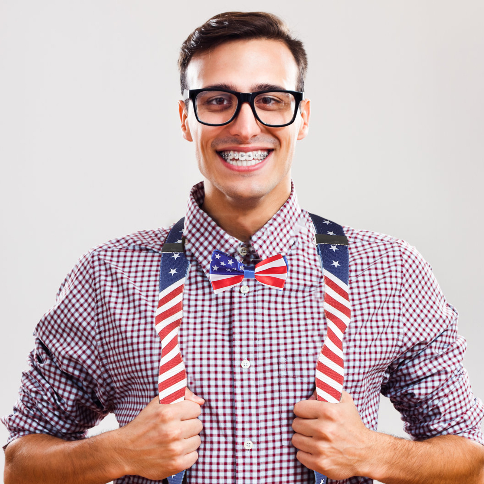 Patriotic Red Bow Ties Clip Set for Men Celebration Props Adjustable Suspender Straps Bowtie Accessories for Festival Parties