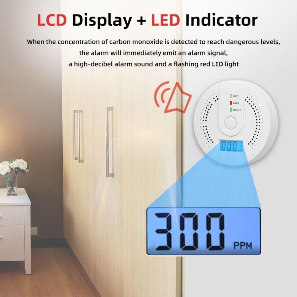 Independent LED Digital Display Carbon Monoxide Detector Depot Test Sound CO Gas Monitor White Light Warning CO Sensor Home