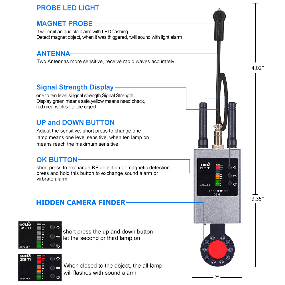 Professional Wireless RF Signal Detector Bug GSM GPS Tracker Mini Camera Finder Camera IR Scanning AI Standby Automatic Detects