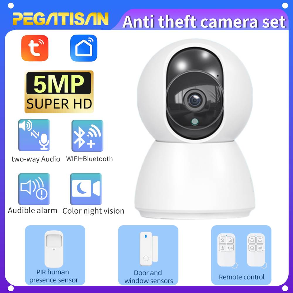 Wireless Home Surveillance System 5MP HD WiFi Camera Siren and Doorsensor PTZ 355° Viewing PIR Human Sensor and Remote Control