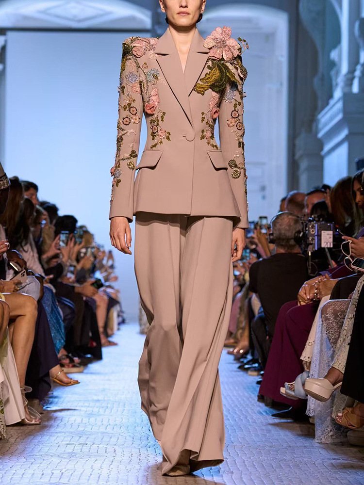High-quality Newest Fashion Designer Runway Suit Set Women&#039;s 3D Flowers Beaded Blazer Wide Leg Pants Sets пиджак женс
