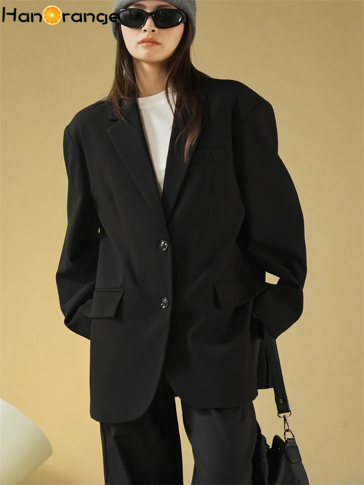 HanOrange 2025 Early Spring Minimalist Blogger Style Silhouette Wide Shoulder Suit Jacket Women Loose Blazer Grey/Black