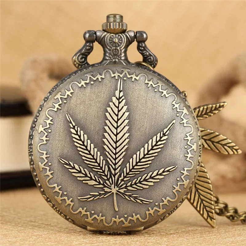 Bronze Engraved Leaf Design Full Hunter Quartz Analog Pocket Watch for Men Women with Sweater Necklace Chain Collectable Clock