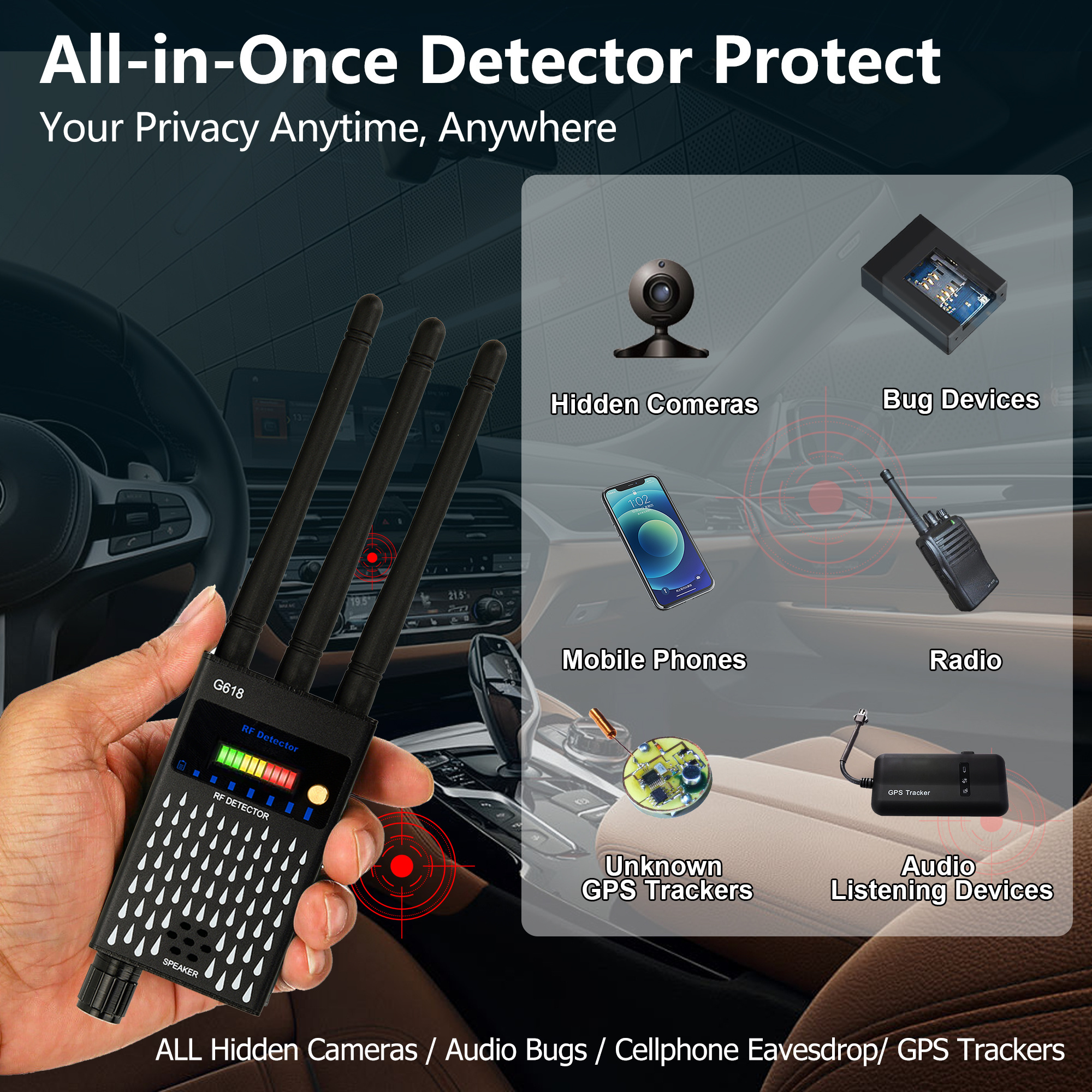 GSM Audio Bug Detector Wifi Hidden Cameras Finder Anti-Spy Listening Sweeper Phone Signal Wireless RF Device GPS Tracker Detects