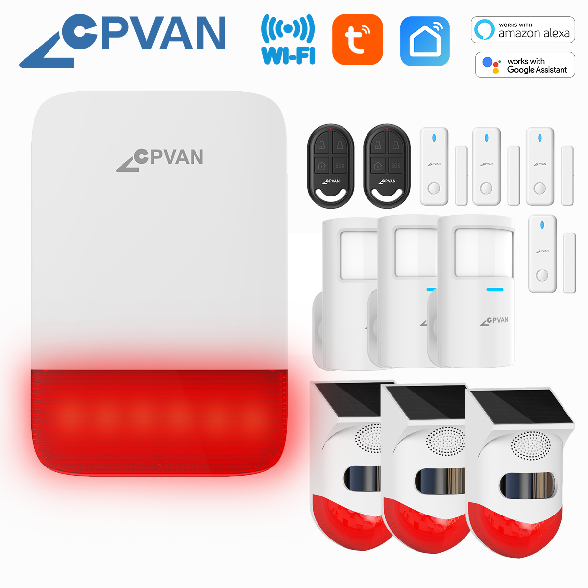 CPVAN Smart Tuya Outdoor Siren Wireless WIFI Home Alarm High Decibel Waterproof Built-in 5000mAh Battery With Door Sensor/RC