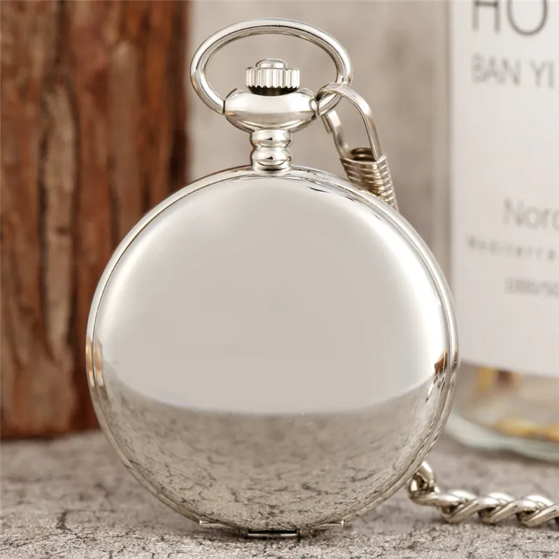 Silver Smooth Case Pocket Watch Arabic Number Display Quartz Movement Watches with Pendant Fob Chain Full Hunter Timepiece
