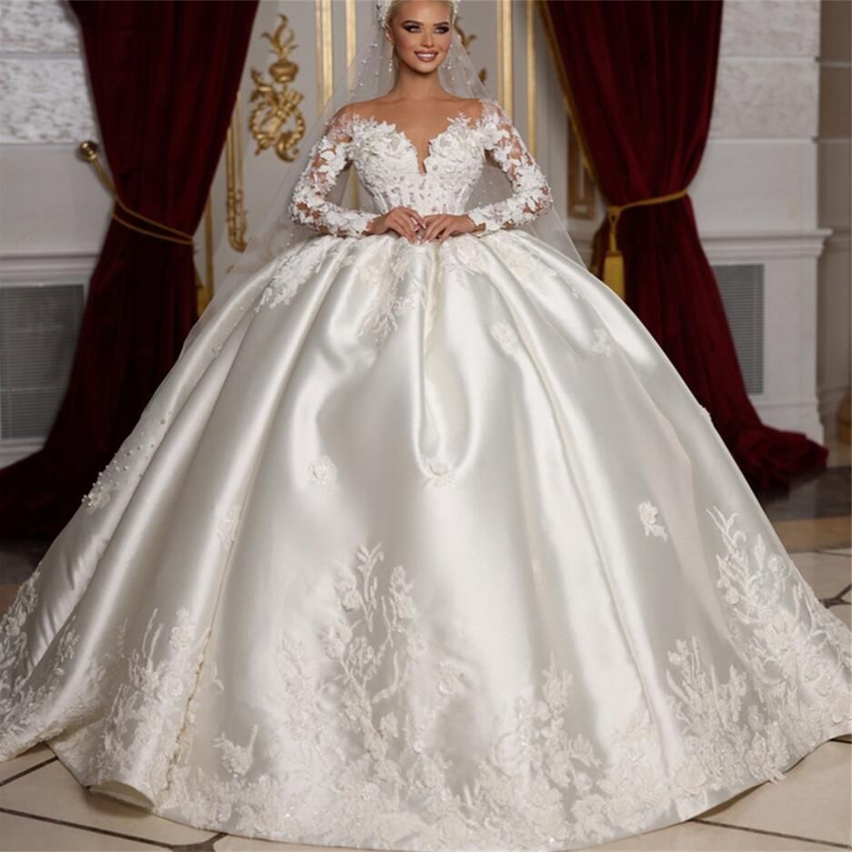 Lorencia Princess Satin Wedding Dress Ball Gown Long Sleeve 3D Flowers Appliques Mariage Bridal Gowns Vestidos De Novia YBW27
