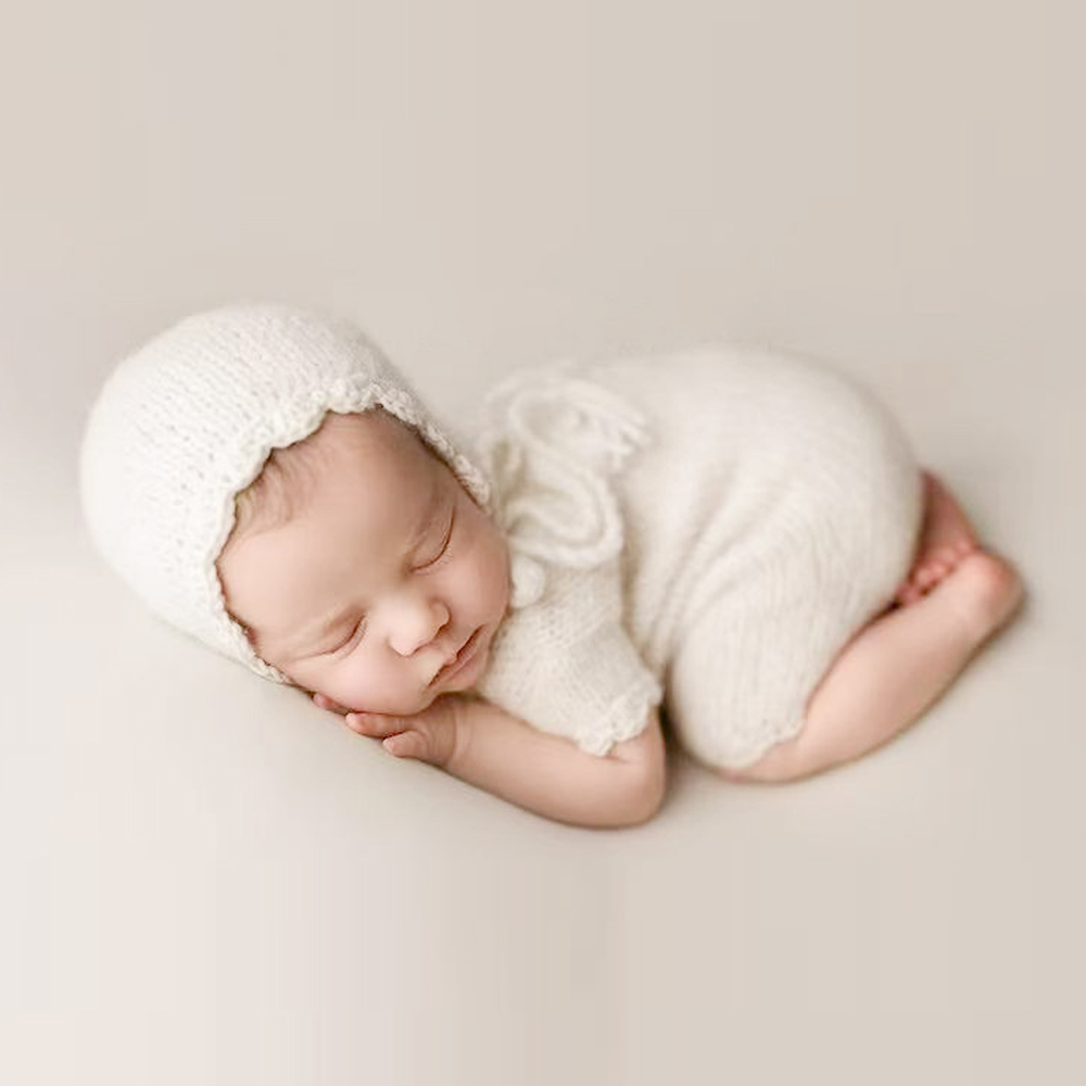 Newborn Photography Props Baby Jumpsuit Hat Photoshoot Clothing Short Sleeve Two-piece Knitted Mohair Fur Romper Baby Costume