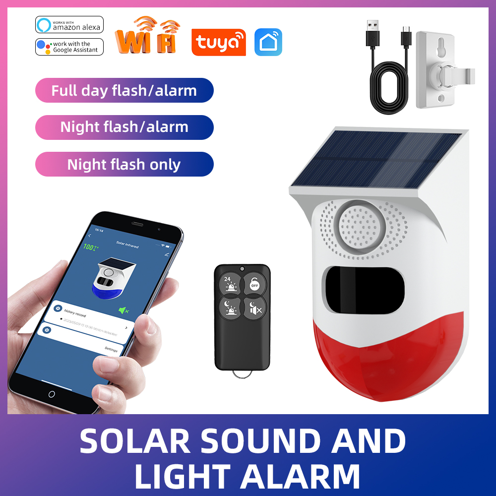 TuyaWiFiwaterproof outdoor solar wireless home security infrared PIR motion detector sensor alarm soundalarm stroboscopic alerts