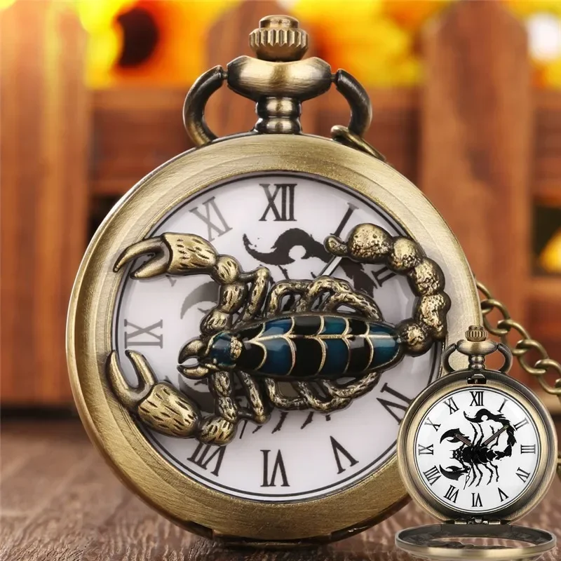 Vintage Antique Half-Hunter Pocket Watch Roman Numerals Quartz Movement Hollow-Out Scorpion Design Unisex Gift for Men Women