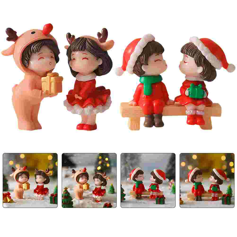 2 Pairs Fairy Miniature Garden Decoration Xmas Couple Figurines DIY Statues Christmas Pvc Figures for Home