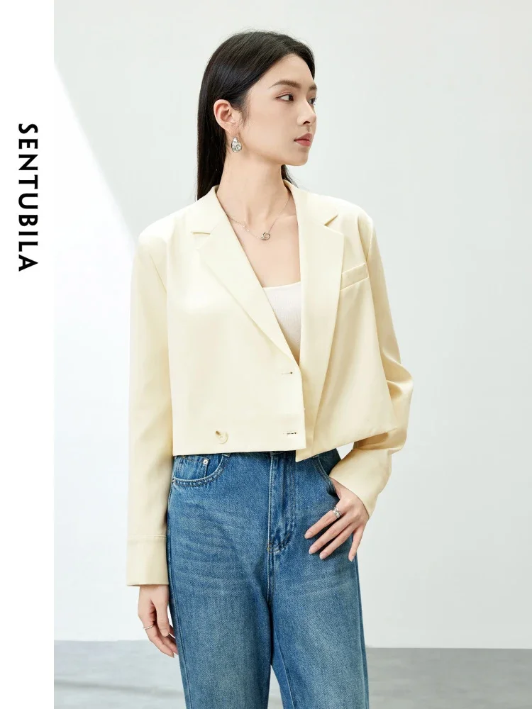 SENTUBILA Women&#039;s Cropped Blazer Jacket 2025 Spring Autumn Elegant Fashion Ladies Padded Shoulder Short Tailored Coat 151X58977X