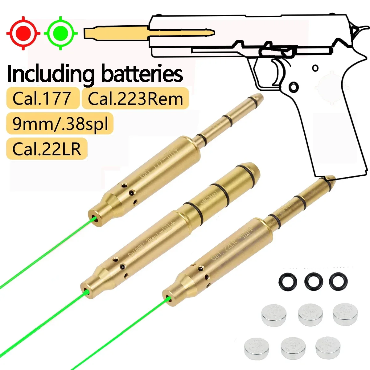 Tactical Green Red Laser Boresighter .223Rem 9mm .177 22LR .38spl Cal Laser Bore Sight End Barrel for Revolvers Pistols Rifle