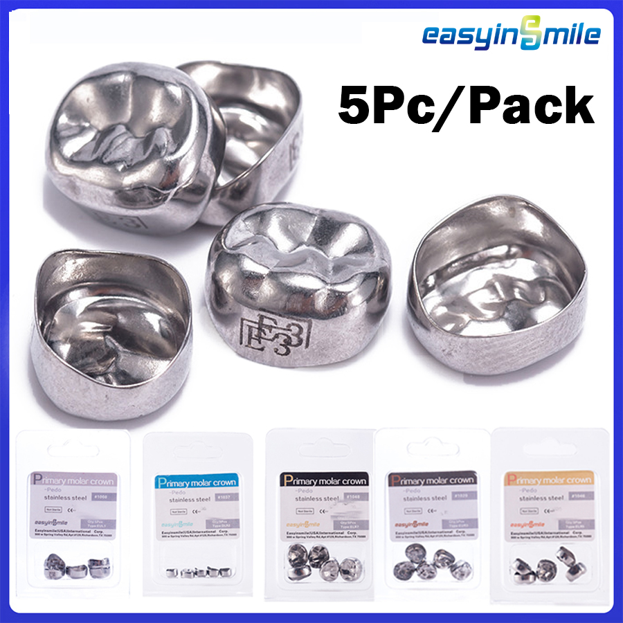 EASYINSMILE 5Pcs/Box Dental Kids Primary Molar Crowns Stainless Steel Preformed Temporary Crowns 1st 2nd Upper Lower