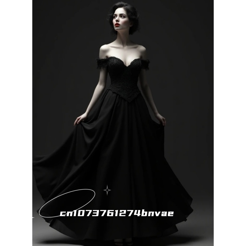 Black Gothic Wedding Dress Off Shoulder Floor Length A-Line Simple Vintage Bridal Gown Lace-Up Back Customized