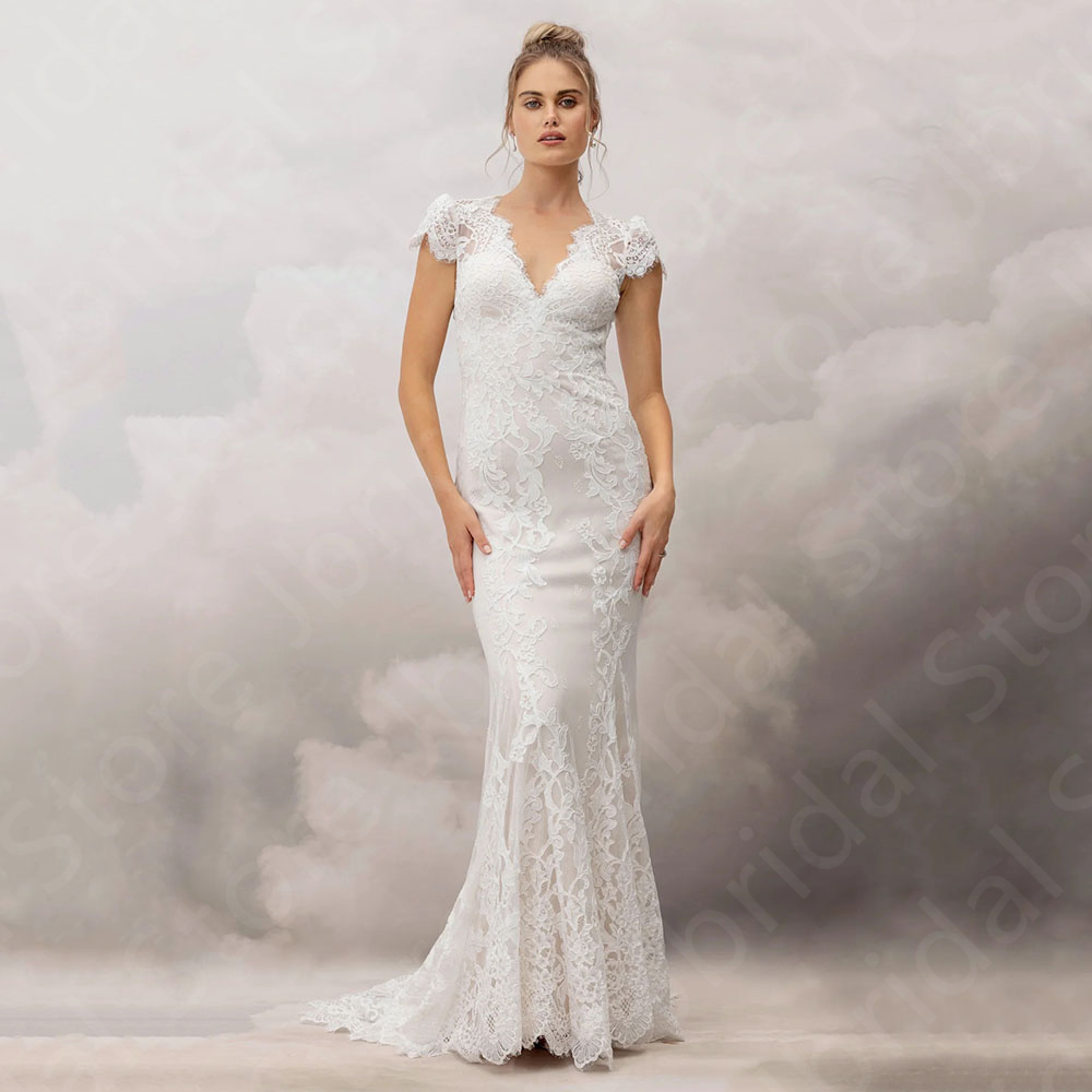 Customized Classic Wedding Dresses Lace Bridal Gowns Mermaid Bride Dresses Cap Sleeves V Neckline Wedding Gowns 2025 Back Out