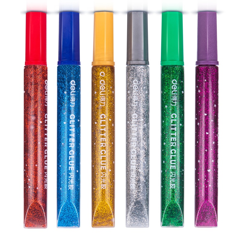Deli 6pcs Lot Colored Glitter Glue Pigment Liquid Adhesive Child Student Drawing Painting Tool DIY Paper Flower Crafts Nail Gel