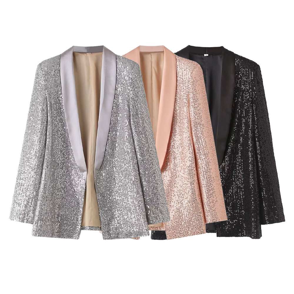 Spring Product Women&#039;s Sequin Fashionable Style Polo Collar Long sleeved Solid Color Suit Coat Z Celebrity style blazer de mujer