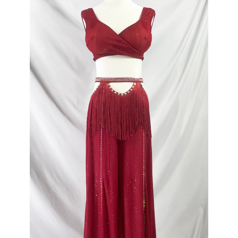 customized belly dance costumes rose red V-neck lace up top+diamond studded tassel pants workout outfit Oriental dance pants set