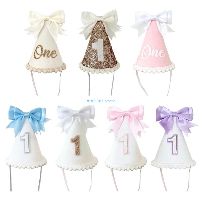 24BE Baby Birthday Hat Soft Fabric Design with Bowknot Accent for 1 Year Old Party and Photography props