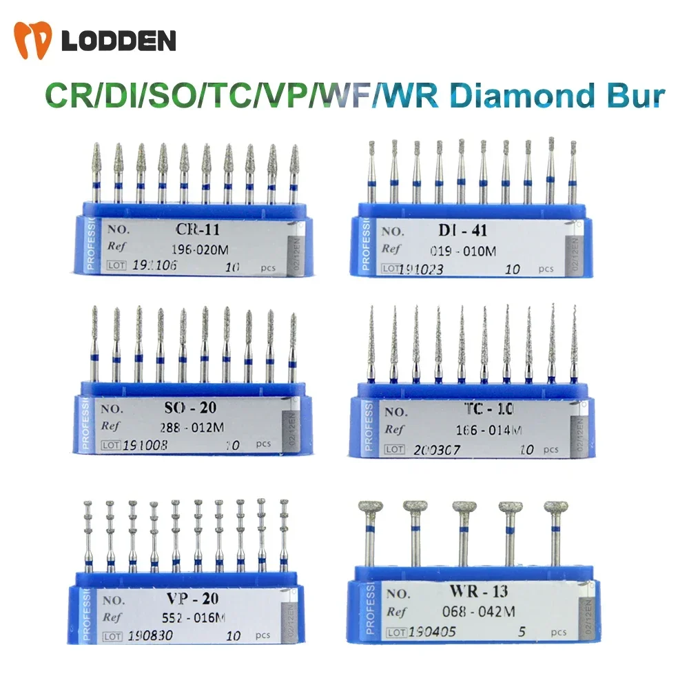 10pcs Dental Diamond Burs CR/DI/SO/TC/VP/WF/WR Series or High Speed Handpiece Dental Lab Polishing Tools Dia.1.6mm