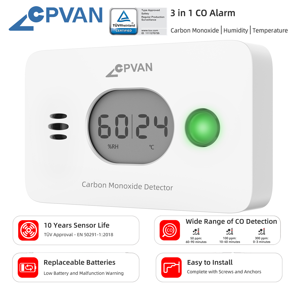 CPVAN Wireless 3-in-1 Digital screen Carbon Monoxide Detector with Temperature &amp; Humidity for Home Security Protection CO Alarm