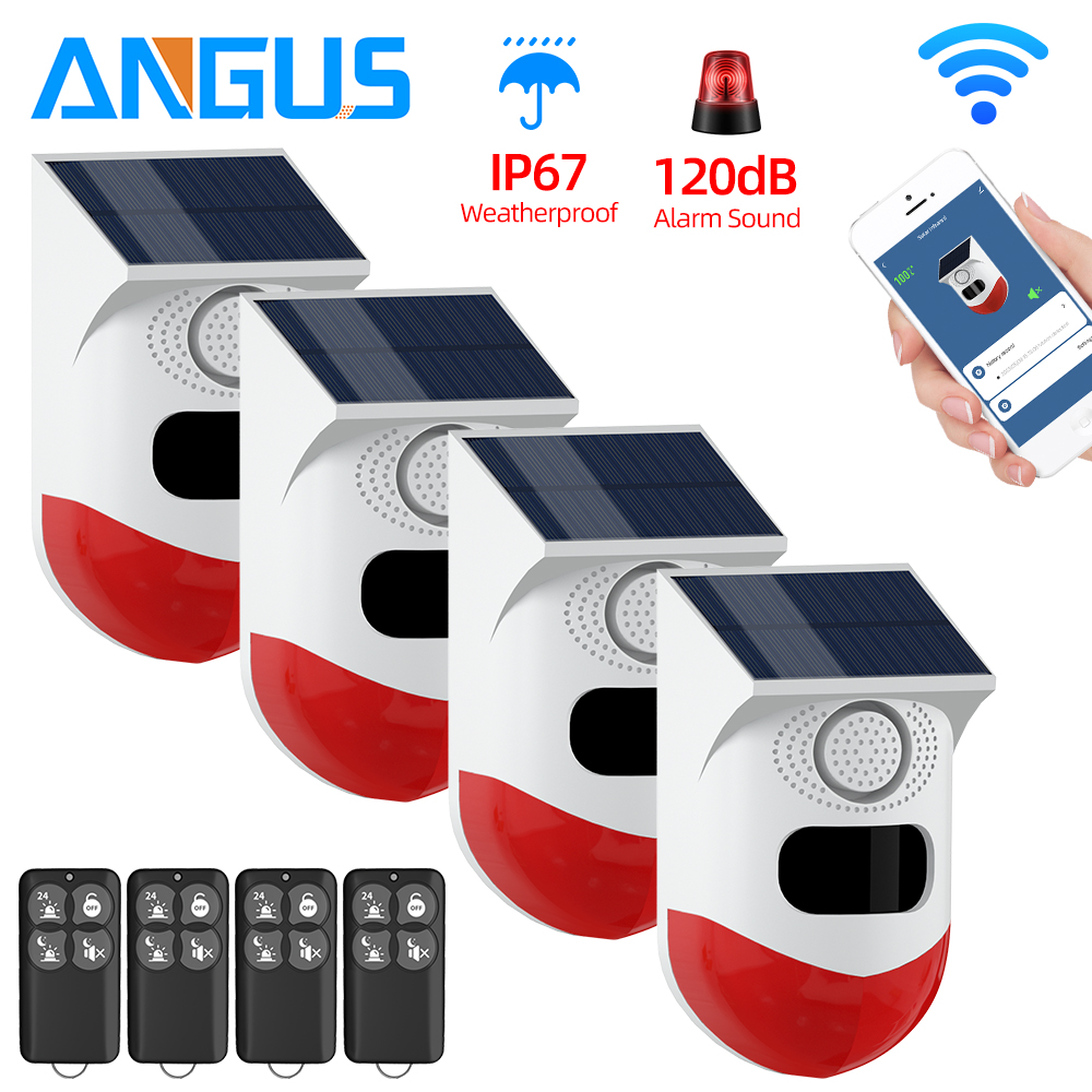Angus outdoor solar infrared motion sensor graffiti alarm siren IP67 waterproof anti-theft anti pet false alarm