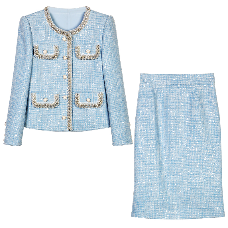 Haute NewCouture Suit Glacier Blue Weaving Heavy Industry Beads Celebrities Temperament Small Fragrance Coat Skirt Two-Piece Set