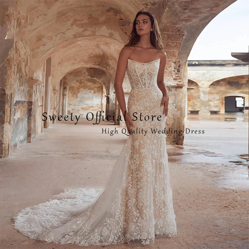 Detachable Train Mermaid Wedding Dress Embroidered Lace On Net With Ball Gown Boat Neck Sleeveless Customized Vestido De Novia