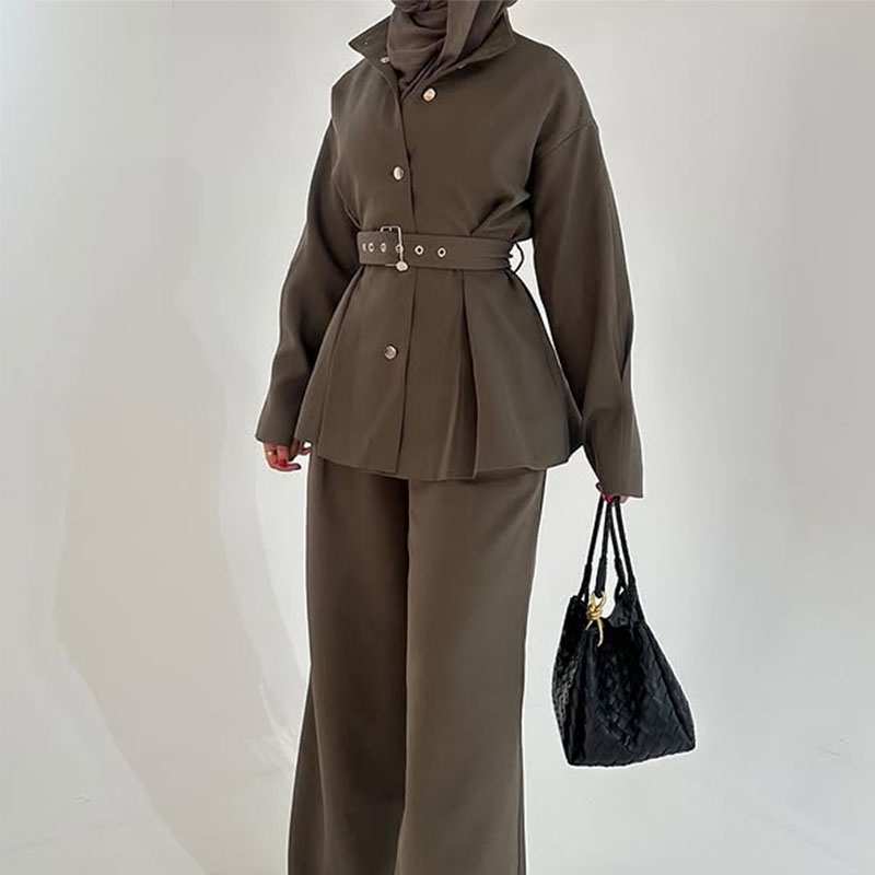 New Solid Pant Sets Two Piece Set For Women Lapel Long Sleeve Spliced Belt Coat High Waist Pant Temperament Sets Female Clothes