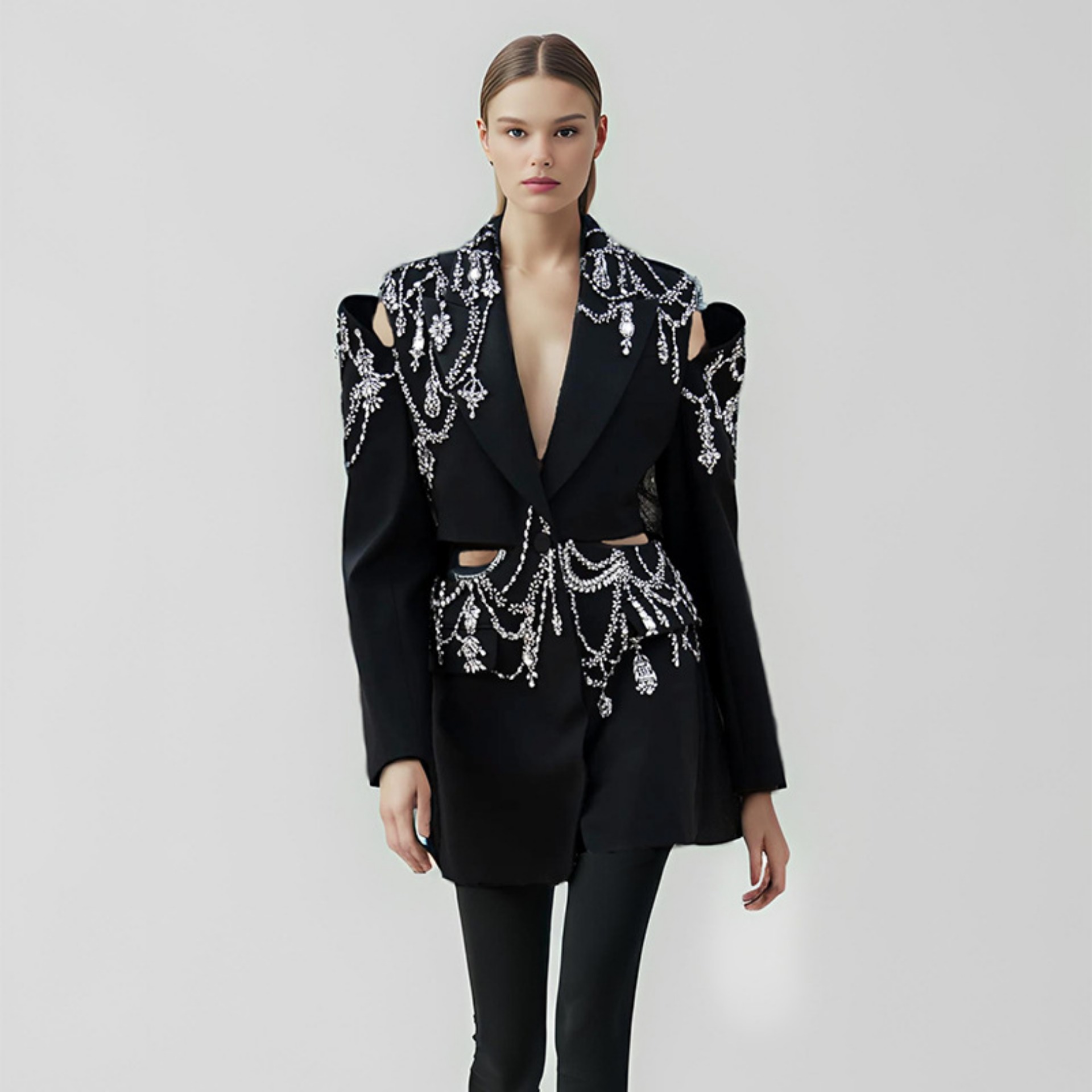 Luxury Design Women Suit Waist Hollow Out Shiny Diamante Jacket High Street Blazer Party Outfit Blazer Chic Strapless Chain Coat