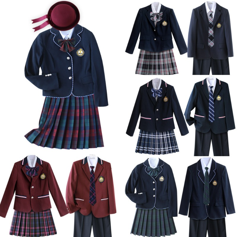 5PCS Unisex Korea British Japanese School Uniform Outfits Anime Cosplay Costume Set with Blazer Shirt Tie Badge Plaid Skirt