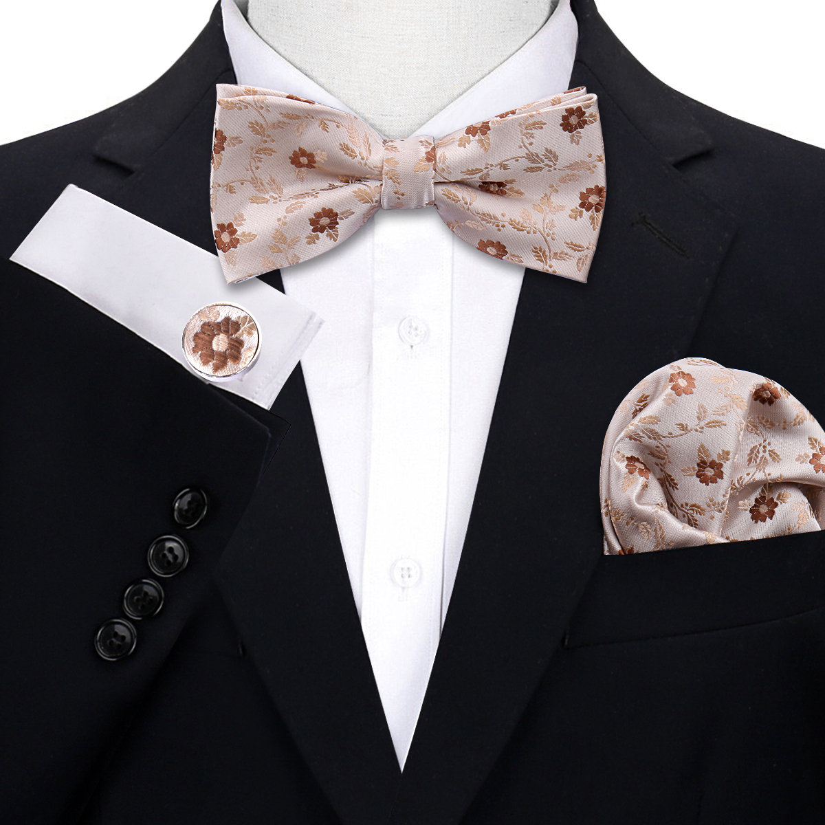 Fashion Elegant Man or Women&#039;s Luxury Dot Floral Gift Bow Tie Handchief Cufflink 3piece Business Wedding Party Suit Accessories