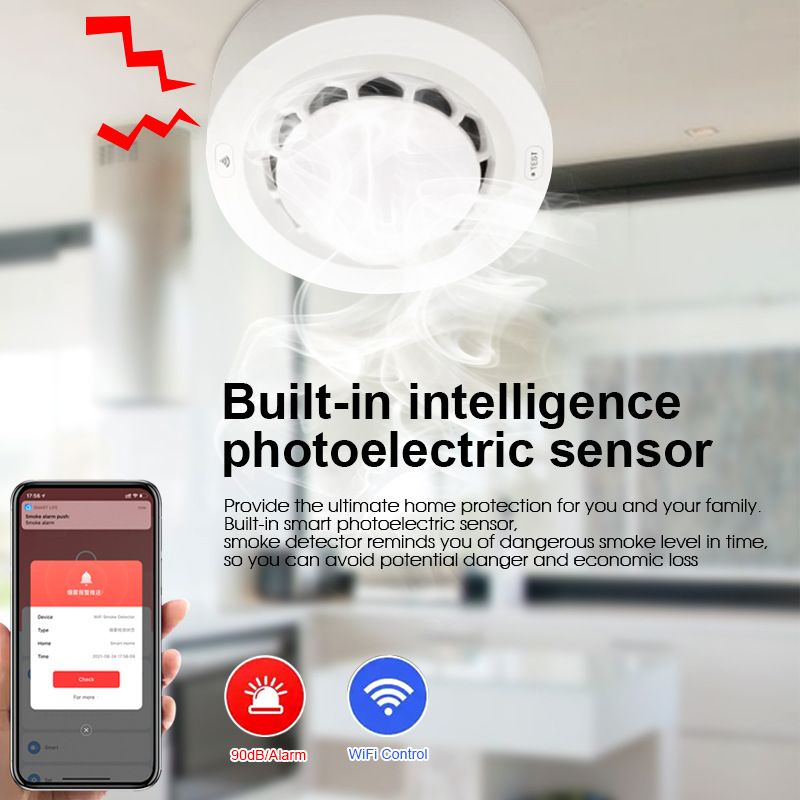 Built in Intelligent Photoelectric Sensor Tuya Smart WiFi Smoke Detector Supports APP Remote Notification Smoke Fire Alarm