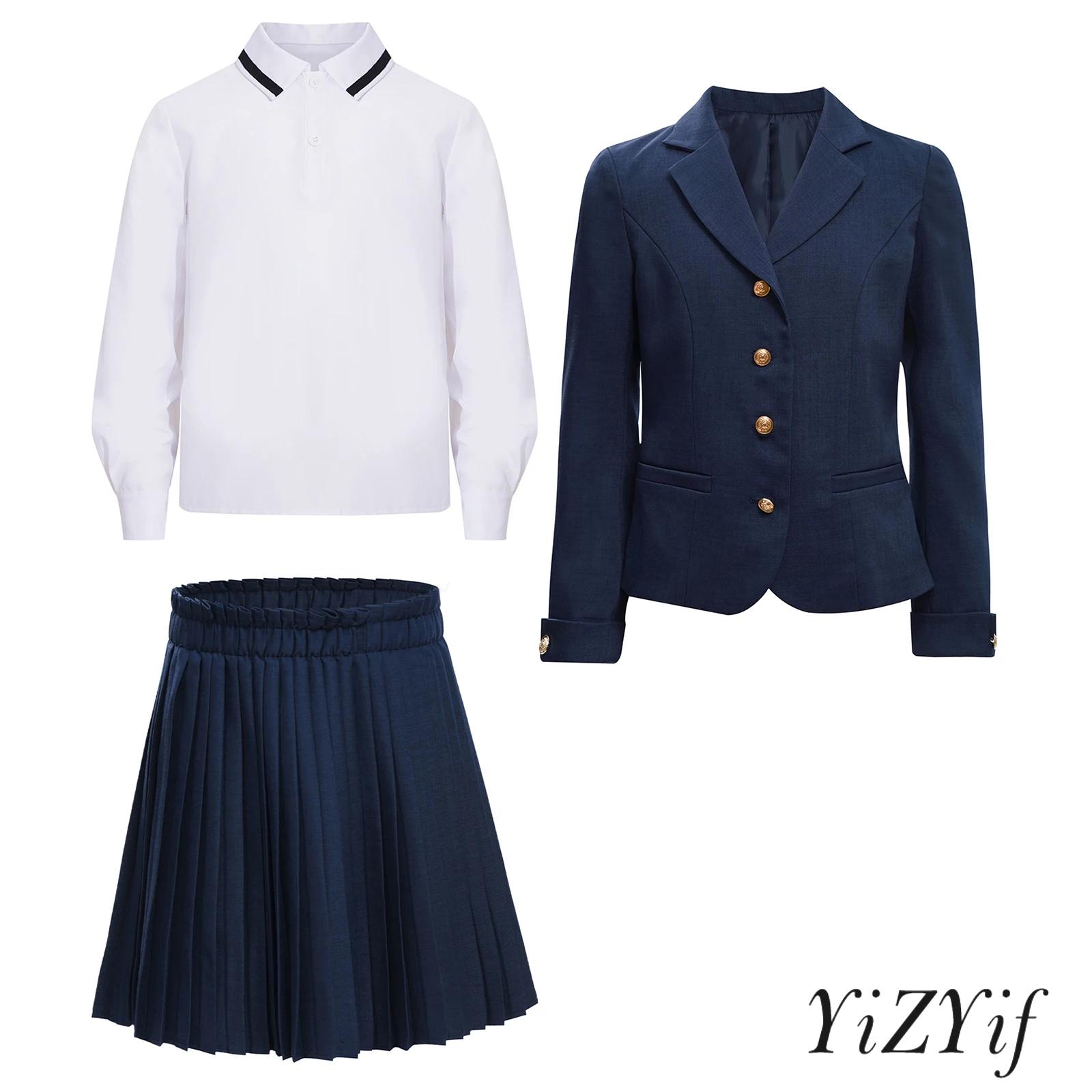 Kids Girls Fashion School Uniform Set 3 Piece Blazer with Pleated Skirt And Long Sleeve Pullover Shirt for Formal Wear